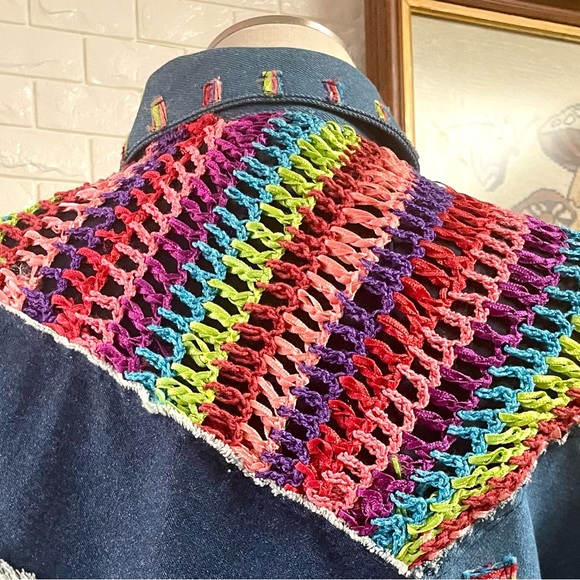 Vintage Sandy Starkman Crochet Sequin Patchwork Denim Jean Jacket - Picture 10 of 16